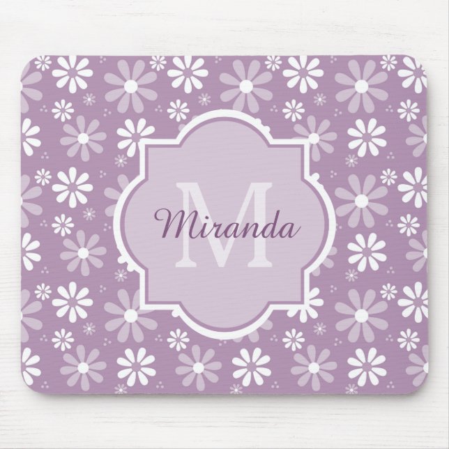 Girly Monogram Light Purple Daisy Flowers and Name Mouse Pad (Front)
