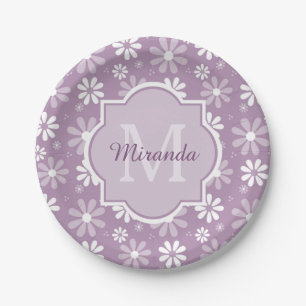 Girly Monogram Light Purple Daisy Flowers and Name Paper Plate