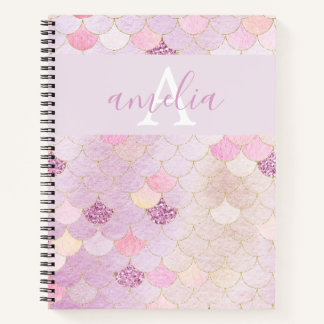 Girly Monogram Mermaid Scales Iridescent Notebook