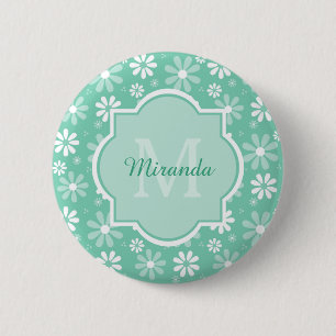 Girly Monogram Mint White Daisy Flowers With Name 2 Inch Round Button