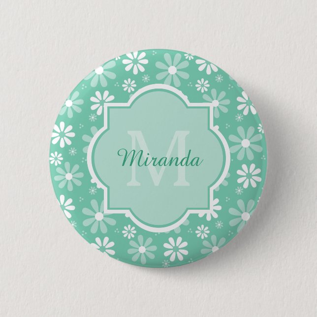 Girly Monogram Mint White Daisy Flowers With Name 2 Inch Round Button (Front)