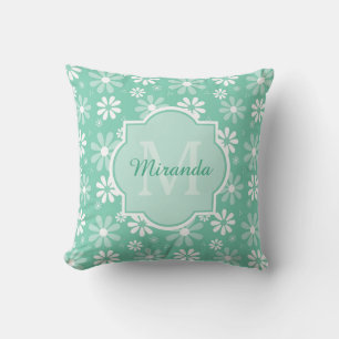 Girly Monogram Mint White Daisy Flowers With Name Throw Pillow
