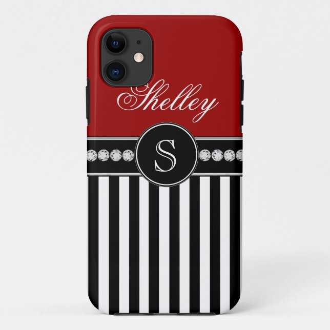 Girly Monogram Name Red Black Stripes Case-Mate iPhone Case (Back)