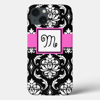 GIRLY MONOGRAM, PINK, BLACK DAMASK PATTERN iPhone 13 CASE