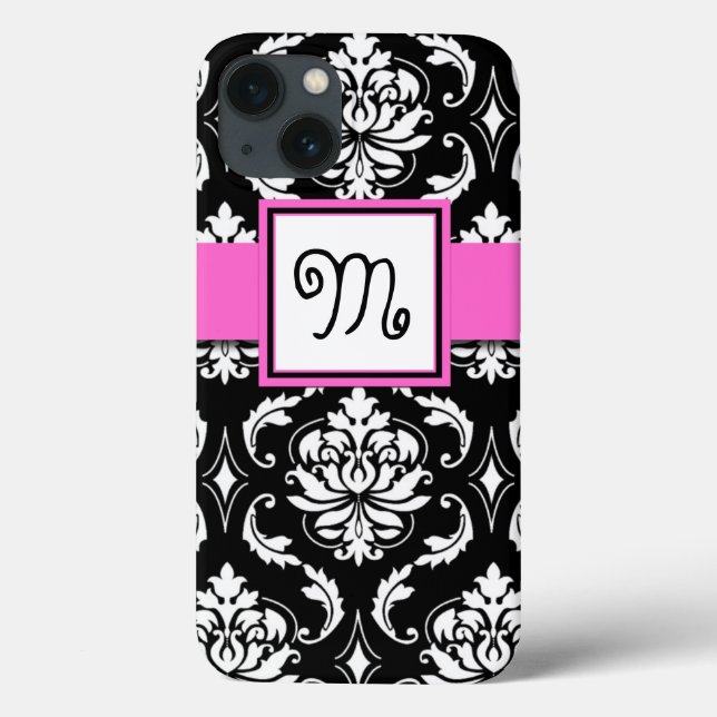 GIRLY MONOGRAM, PINK, BLACK DAMASK PATTERN Case-Mate iPhone CASE (Back)