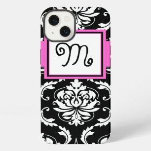 GIRLY MONOGRAM, PINK, BLACK DAMASK PATTERN iPhone 13 CASE