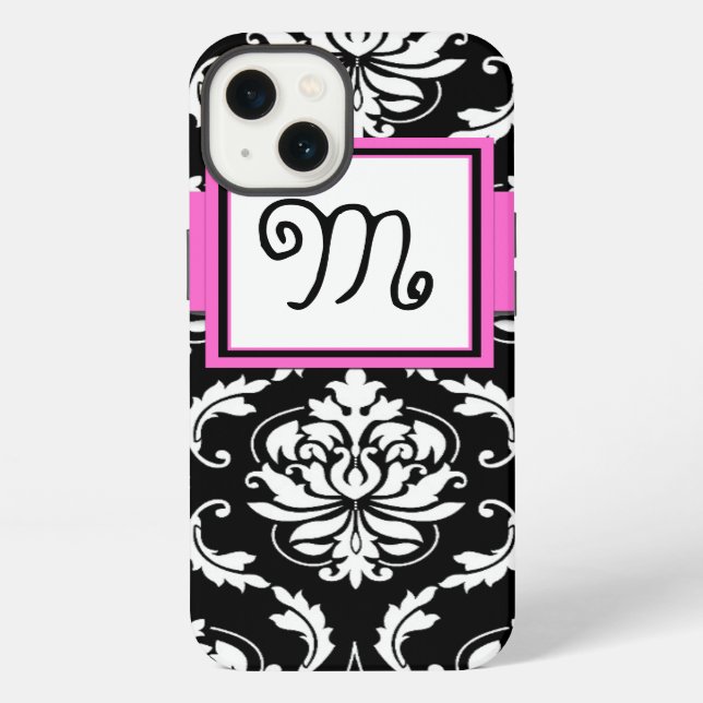 GIRLY MONOGRAM, PINK, BLACK DAMASK PATTERN iPhone CASE (Back)