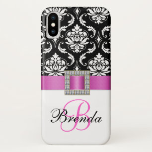 Girly Monogram Pink Ribbon Black White Damask Case-Mate iPhone Case