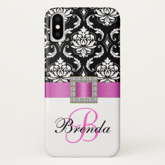Girly Monogram Pink Ribbon Black White Damask Case-Mate iPhone Case