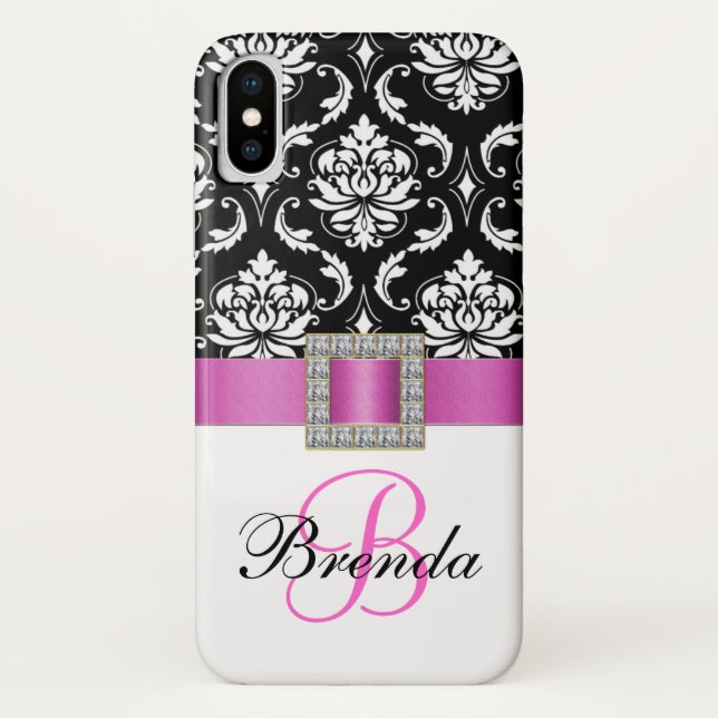Girly Monogram Pink Ribbon Black White Damask Case-Mate iPhone Case (Back)
