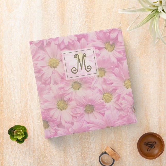 Girly Monogram Pink Yellow Daisy Blooms Binder (In Situ)