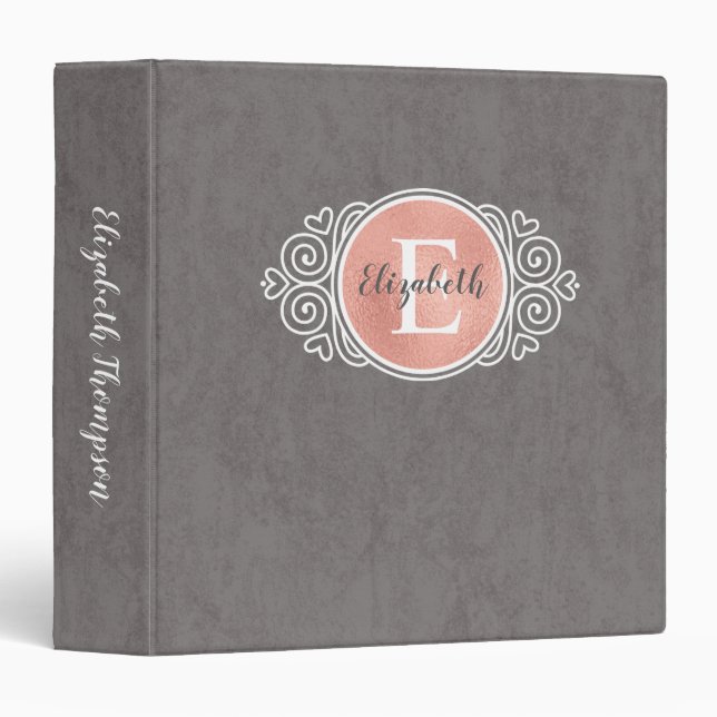 Girly Monogram Rose Gold Foil Grey Script Binder (Front/Spine)
