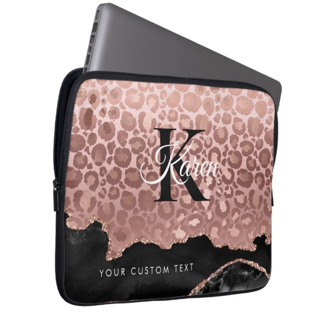Girly Monogram Rose Gold Leopard And Black Marble  Laptop Sleeve (Front Right)