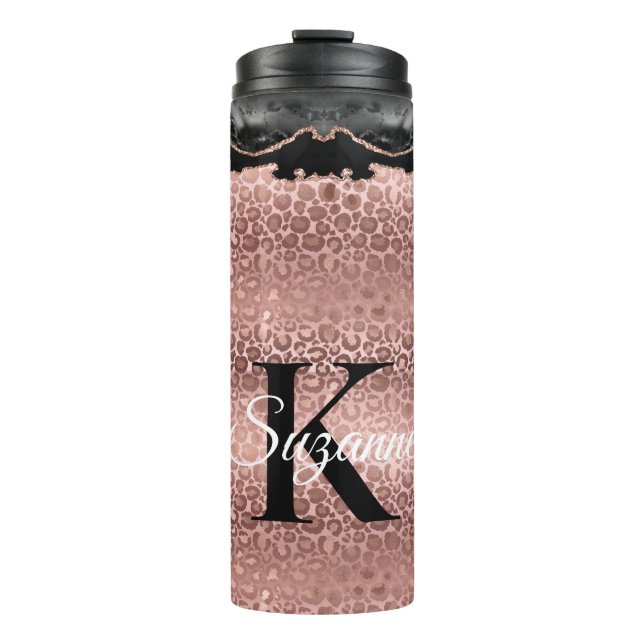 Girly Monogram Rose Gold Leopard And Black Marble Thermal Tumbler (Front)
