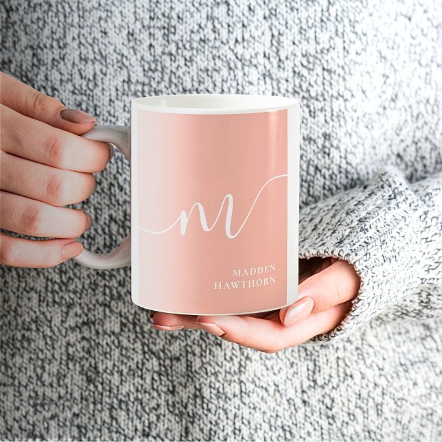 Girly Monogram Script Calligraphy Coral Blush Pink Coffee Mug (Creator Uploaded)
