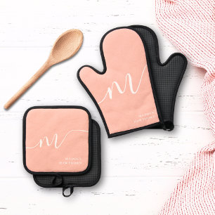 Girly Monogram Script Calligraphy Coral Blush Pink Oven Mitt & Pot Holder Set