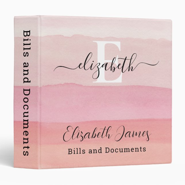 Girly Monogram Splash Blush Pink Stripes Ombre Binder (Front/Spine)