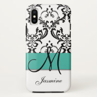 Girly Monogram Turquoise Black Swirls Damask