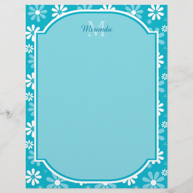 Girly Monogram Turquoise Daisy Flowers With Name (Front)