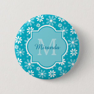 Girly Monogram Turquoise Daisy Flowers With Name 2 Inch Round Button