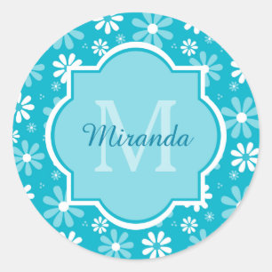 Girly Monogram Turquoise Daisy Flowers With Name Classic Round Sticker