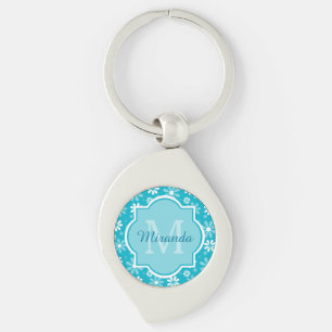 Girly Monogram Turquoise Daisy Flowers With Name Keychain