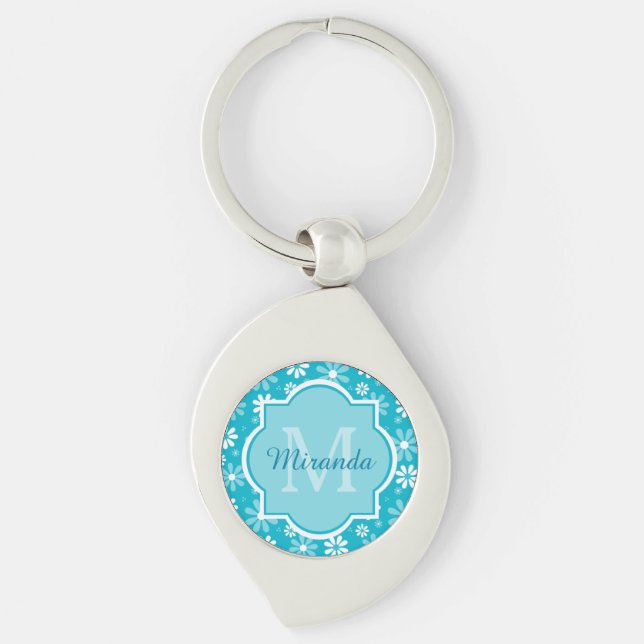 Girly Monogram Turquoise Daisy Flowers With Name Keychain (Front)