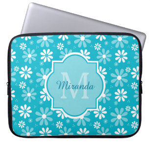 Girly Monogram Turquoise Daisy Flowers With Name Laptop Sleeve