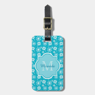 Girly Monogram Turquoise Daisy Flowers With Name Luggage Tag