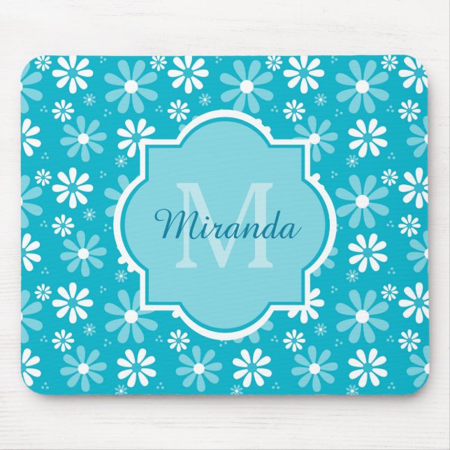 Girly Monogram Turquoise Daisy Flowers With Name Mouse Pad (Front)