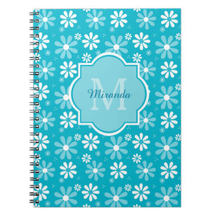 Girly Monogram Turquoise Daisy Flowers With Name Notebook