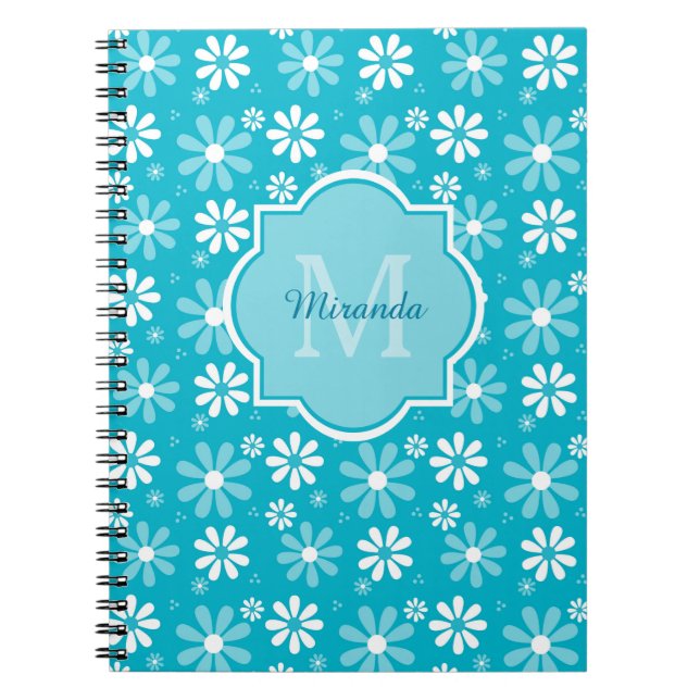 Girly Monogram Turquoise Daisy Flowers With Name Notebook (Front)
