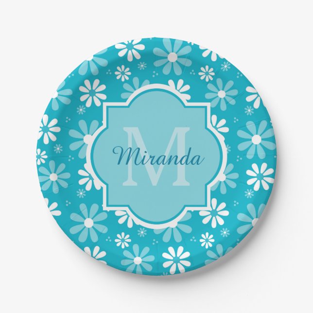 Girly Monogram Turquoise Daisy Flowers With Name Paper Plate (Front)