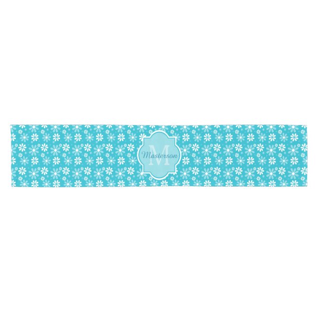 Girly Monogram Turquoise Daisy Flowers With Name Short Table Runner (Horizontal)
