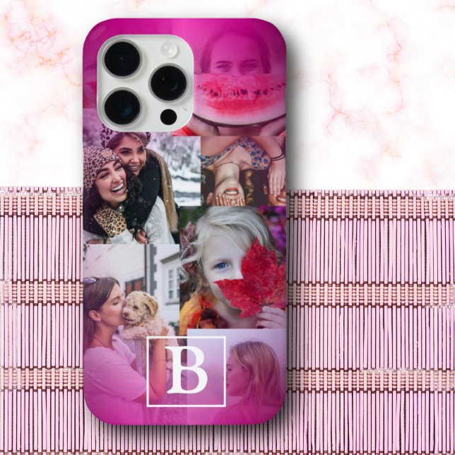 Girly Monogrammed 6 Photo Collage Pink Gradient  Case-Mate iPhone Case (Creator Uploaded)