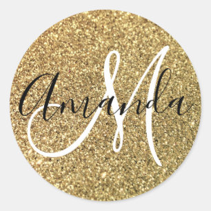 Girly Monogrammed Faux Gold Glitter Classic Round Sticker