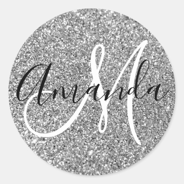Girly Monogrammed Faux Silver Glitter Classic Round Sticker (Front)