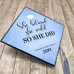 Girly Motivational Quote Blue Glitter Graduation Cap Topper<br><div class="desc">Inspirational graduation cap topper featuring a pastel blue background that can be changed to any colour,  pale blue glitter,  a mortarboard,  the grad quote "she believed she could so she did",  the graduates name,  and the class year.</div>
