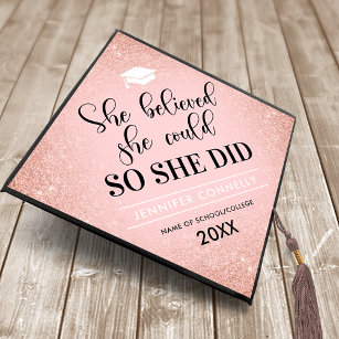 Girly Motivational Quote Pink Glitter Graduation Cap Topper