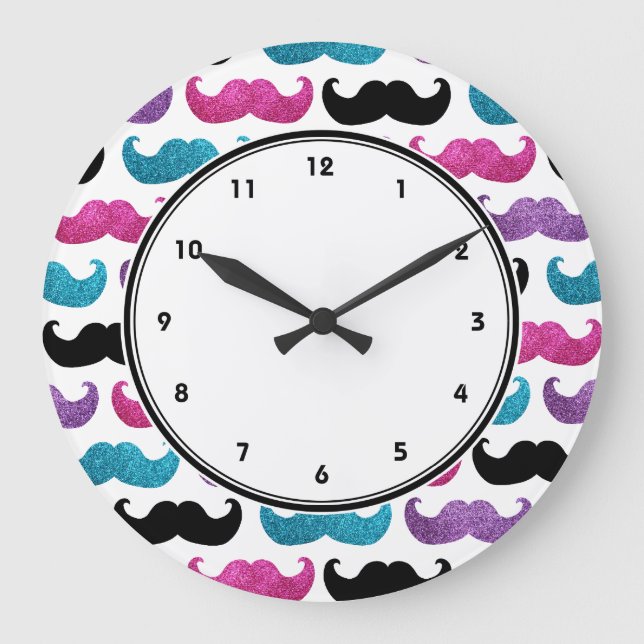 Girly moustaches pattern (Pink Purple Blue & Black Large Clock (Front)
