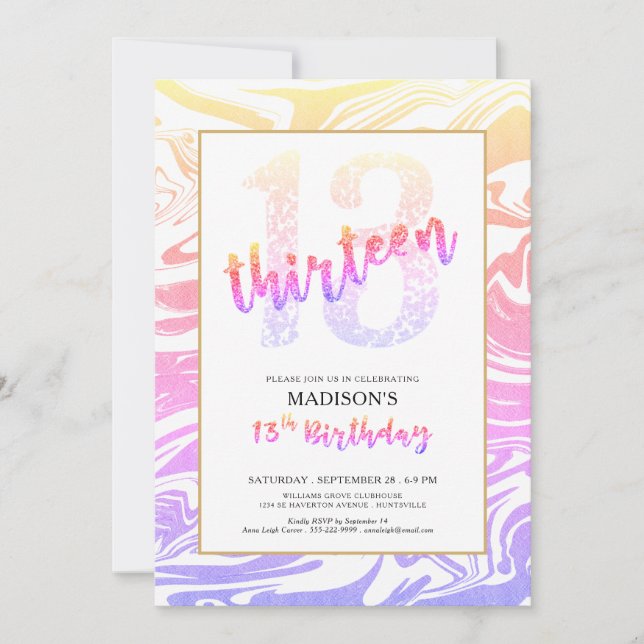 Girly Multi-Colour Glitter 13th Birthday Script Invitation (Front)