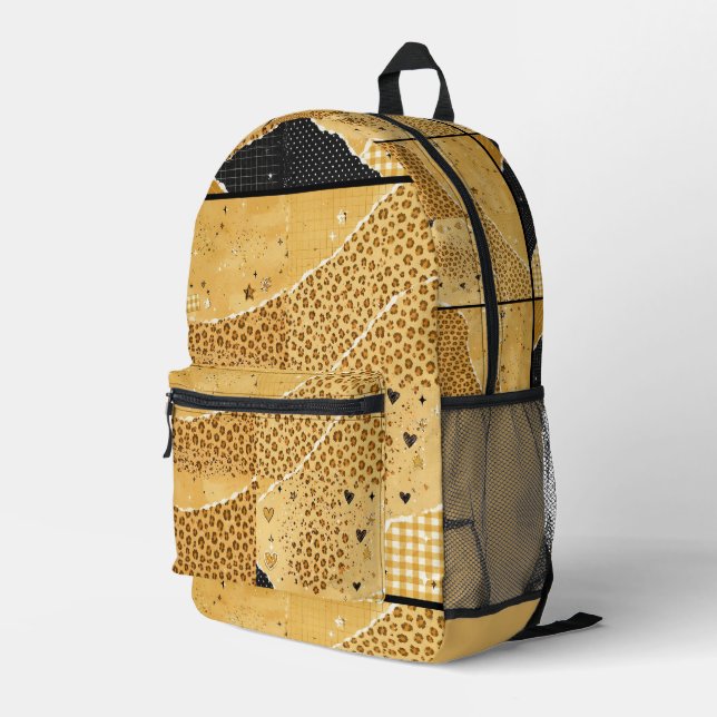 Girly Mustard Leopard Print Collage Backpack (Back Corner Right)