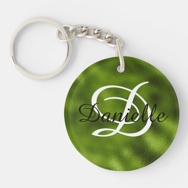 Girly Name and Monogram Faux Pine Green Foil Photo Keychain (Front)