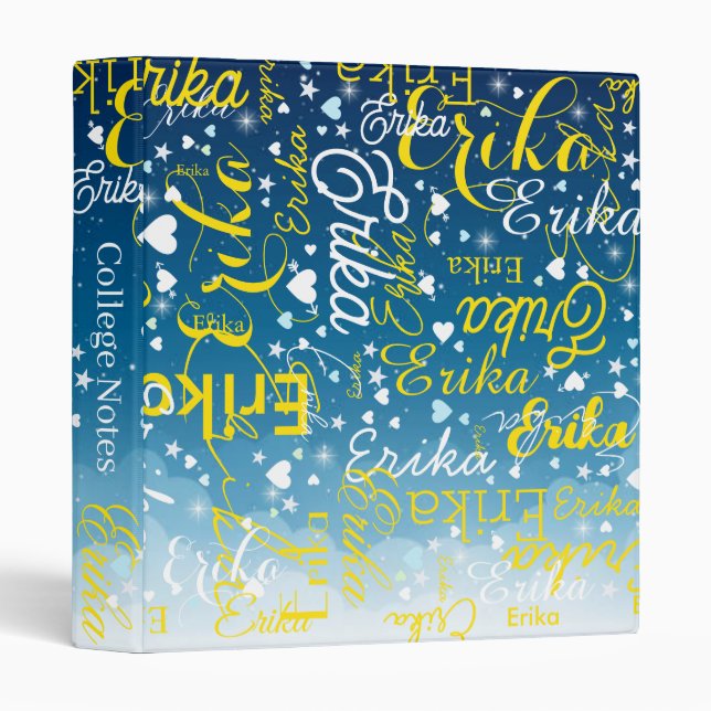Girly Name, Hearts and Stars Sky Blue College Binder (Front/Spine)