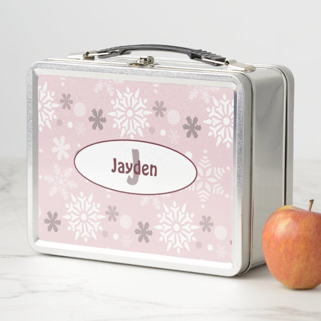 Girly Name & Initial Winter Snowflake Pink Metal Lunch Box (In Situ)
