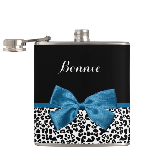 Girly Name Leopard Print Pretty Cobalt Blue Ribbon Hip Flask (Opened)