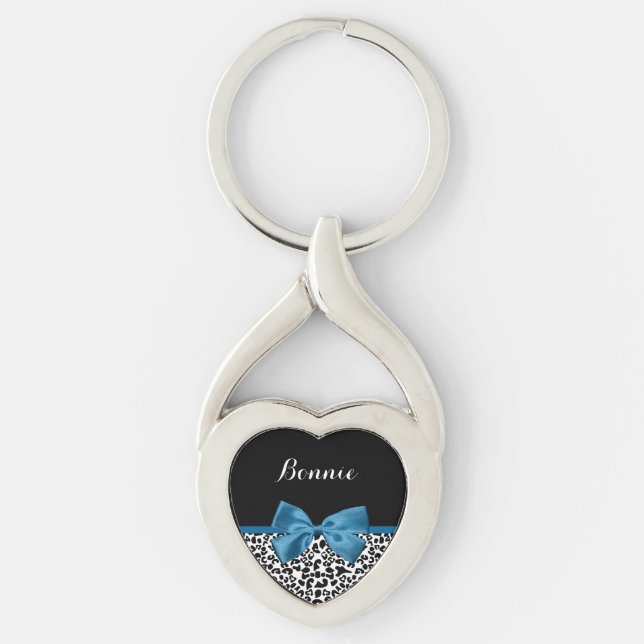 Girly Name Leopard Print Pretty Cobalt Blue Ribbon Keychain (Front)