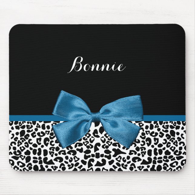 Girly Name Leopard Print Pretty Cobalt Blue Ribbon Mouse Pad (Front)