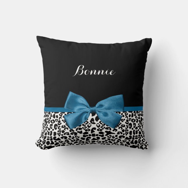 Girly Name Leopard Print Pretty Cobalt Blue Ribbon Throw Pillow (Front)