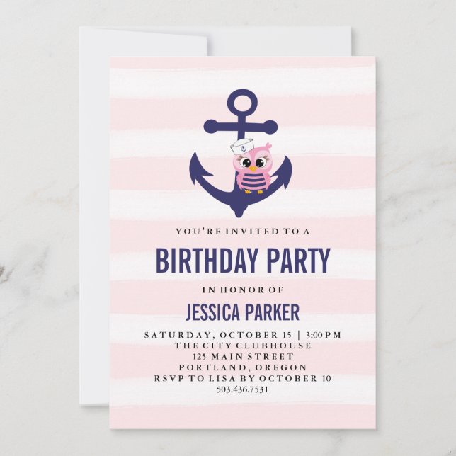 Girly Nautical Anchor with Owl and Stripe Birthday Invitation (Front)